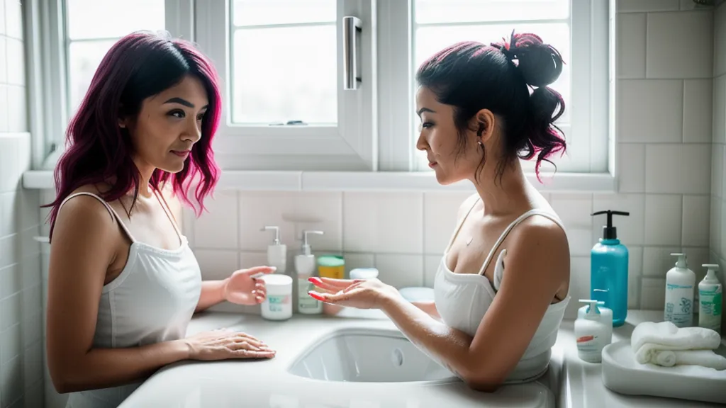 Espejo de baño empañado junto a una mascarilla hidratante para pelo decolorado y seco